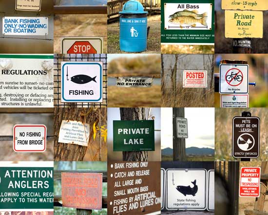 A collage of various signs on a fence.