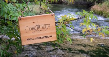 A wooden sign hanging from a tree near a river.