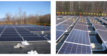 Two pictures of solar panels on a roof.