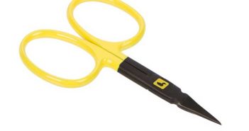 A pair of yellow and black scissors on a white background.