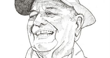 A drawing of a smiling man wearing a hat.