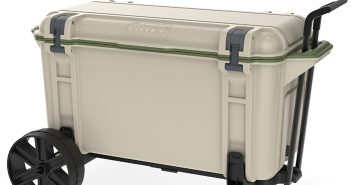 A tan cooler with wheels on a white background.