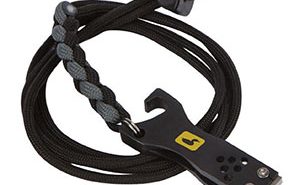 A black rope with a hook attached to it.