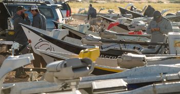 A group of people standing next to a group of boats.