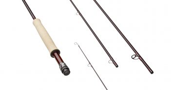 A fly rod with two rods and a reel on a white background.