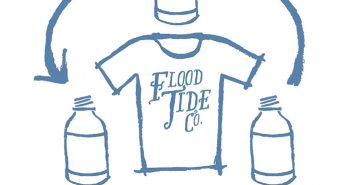 The logo for flood tide co is shown with three bottles and a t - shirt.