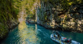 A group of people are rafting down a river.