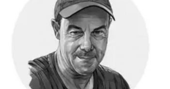 A black and white drawing of a man wearing a cap.