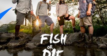 A group of men standing on a river with the words fish or die.