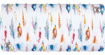 A white bandana with colorful feathers on it.