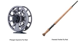 A fly reel, fly rod, and a fly rod.