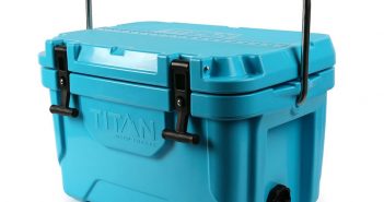 A blue cooler with handles on a white background.