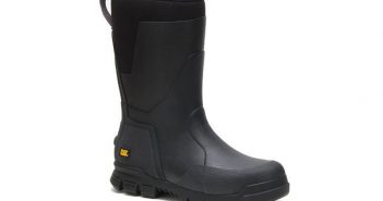 A pair of black rubber boots on a white background.