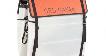 An orange and white bag with the word oru kayak on it.