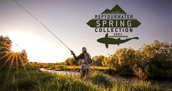 A man is fishing in a river with the words spring collection.