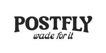 A black and white logo that says postfly wade for it.