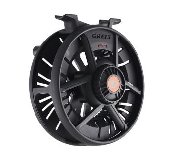 A grey's fly reel on a white background.