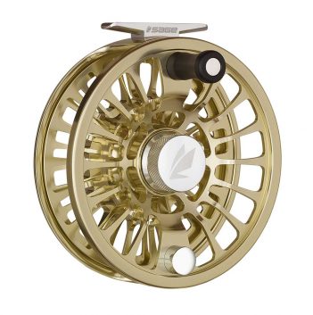 A gold fly reel on a white background.