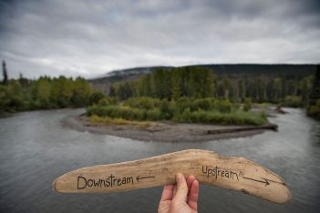 A person holding up a wooden stick with arrows pointing down a river.