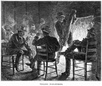 A black and white illustration of men sitting around a fire.