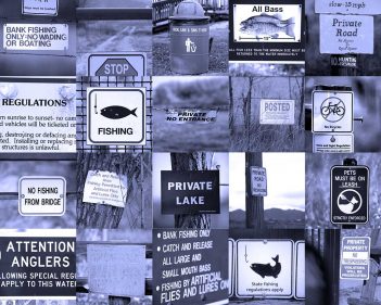 A collage of signs on a pole.