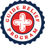 Logo of the guide relief program featuring a white cross within a circular red background, surrounded by blue borders with the program's name in white text.