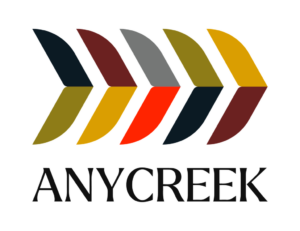 A logo featuring an abstract design of overlapping, multicolored arrows pointing to the right above the word "ANYCREEK" in bold, black letters.