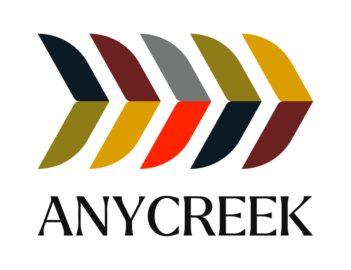 A logo featuring an abstract design of overlapping, multicolored arrows pointing to the right above the word "ANYCREEK" in bold, black letters.