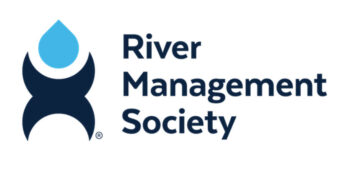 Logo for River Management Society featuring a blue water drop above a dark blue abstract shape resembling a river or waves, accompanied by the text "River Management Society.