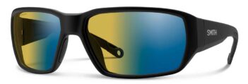 Black framed Smith sunglasses with blue and yellow mirrored lenses on a white background.