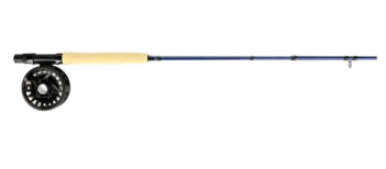 A blue fly fishing rod with a cork handle and black reel.