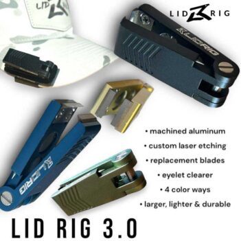 Assorted Lid Rig 3.0 blade tools with machined aluminum bodies, custom laser etching, replacement blades, eyelet clearers, available in 4 colors. Slogan: larger, lighter & durable.