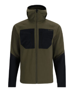 Olive green and black performance jacket with a hood and full front zipper. Features two black chest pockets and black sleeves.