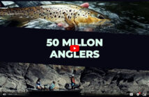 A close-up of a fish being held in water above text stating "50 Million Anglers" and an image of three people fishing from a boat in a rocky river.