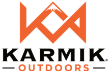 Logo of Karmik Outdoors with an orange stylized mountain symbol and the company name written below in black and orange text.