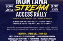 Poster for the Montana Stream Access Rally taking place on October 2nd from 5:30 to 7:30 PM at Gallatin County Fairgrounds. Includes details on live music, speakers, sponsors, and a QR code for more information.