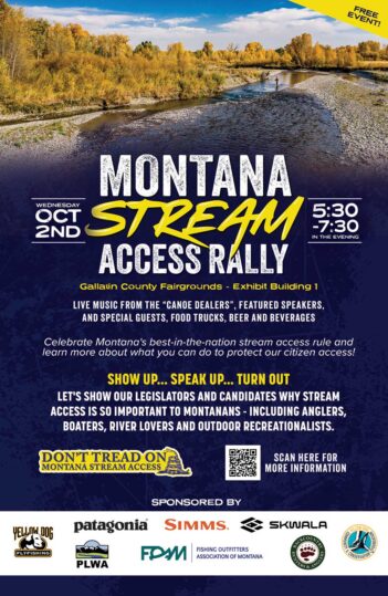 Poster for the Montana Stream Access Rally taking place on October 2nd from 5:30 to 7:30 PM at Gallatin County Fairgrounds. Includes details on live music, speakers, sponsors, and a QR code for more information.