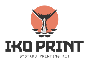 Logo of IKO Print Gyotaku Printing Kit featuring a stylized fish tail with fins in front of a red circle. The text "IKO PRINT" is displayed below the image, followed by "GYOTAKU PRINTING KIT" in smaller font.