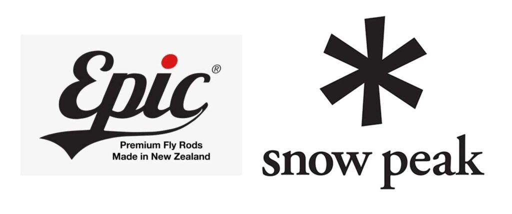 Logos of Epic Fly Rods with text "Premium Fly Rods Made in New Zealand" and Snow Peak with stylized asterisk symbol.