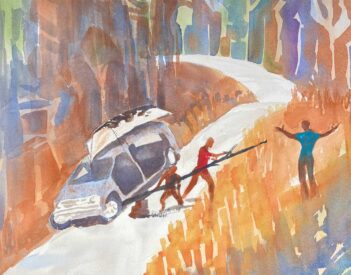 A watercolor painting of three people near a car on a winding road. Two people carry long poles, and one person gestures towards them with open arms amidst a forested background.