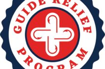 Logo with a circular badge design, featuring the words "Guide Relief Program" around a central emblem of intertwined hooks.