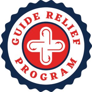 Logo with a circular badge design, featuring the words "Guide Relief Program" around a central emblem of intertwined hooks.