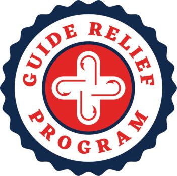 Logo with a circular badge design, featuring the words "Guide Relief Program" around a central emblem of intertwined hooks.