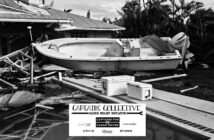 A damaged boat is lodged against a house in a yard. The image features a text overlay promoting the Captains Collective Guide Relief Initiative with various sponsor logos.