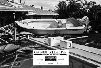 A damaged boat is lodged against a house in a yard. The image features a text overlay promoting the Captains Collective Guide Relief Initiative with various sponsor logos.