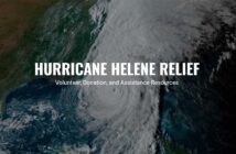 Satellite image of Hurricane Helene with text overlay: "Hurricane Helene Relief - Volunteer, Donation, and Assistance Resources.