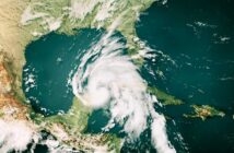 Satellite image of a swirling hurricane over the Gulf of Mexico, approaching the southeastern United States and parts of the Caribbean.