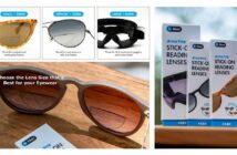 A collage showing different sunglasses with clip-on lenses in various sizes and packaging of stick-on reading lenses on a table.