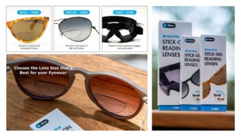 A collage showing different sunglasses with clip-on lenses in various sizes and packaging of stick-on reading lenses on a table.