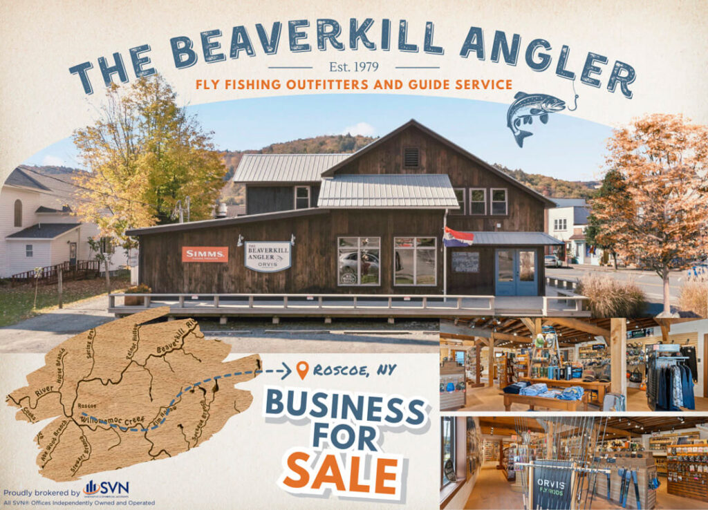 The Beaverkill Angler shop, established in 1979, is for sale in Roscoe, NY. The image shows the store, interior displays, and a map of the area.